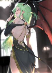 Rule 34 | 1girl, absurdres, adomiwan, back, backless dress, backless outfit, bare shoulders, black nails, blurry, blurry background, blush, breasts, commentary, demon horns, demon tail, demon wings, dress, ear piercing, earrings, from behind, green hair, halloween, highres, horns, jewelry, licking lips, long hair, long sleeves, looking back, medium breasts, midori (adomiwan), original, piercing, side slit, sideboob, single wing, solo, tail, tongue, tongue out, wings, yellow eyes