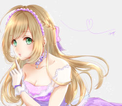 Rule 34 | 1girl, ayase aya, bad id, bad pixiv id, blonde hair, bow, breasts, character request, choker, cleavage, collarbone, diadem, floating hair, gloves, green eyes, grey background, heart, idolmaster, idolmaster cinderella girls, index finger raised, long hair, medium breasts, open mouth, purple bow, sato shin, simple background, solo, strapless, upper body, very long hair, white gloves