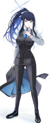 Rule 34 | 1girl, absurdres, adjusting clothes, adjusting necktie, alternate costume, black hair, blue archive, blue halo, breasts, colored inner hair, formal, full body, halo, highres, holding, holding clothes, holding jacket, jacket, large breasts, long sleeves, looking at viewer, multicolored hair, necktie, pants, ponytail, saori (blue archive), simple background, solo, suit, vest, white background, yunamaro
