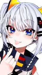 Rule 34 | 1girl, blue eyes, bow, fang, hair between eyes, hand up, highres, kaguya luna, looking at viewer, medium hair, nez n, pointing, pointing at self, portrait, sidelocks, silver hair, solo, the moon studio, tongue, tongue out, virtual youtuber, white background, yellow bow