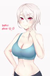 Rule 34 | &gt;:t, 10s, 1girl, :t, bike shorts, breasts, character name, cleavage, comfycal, hair between eyes, hand on own hip, highres, large breasts, midriff, nakiri alice, navel, pink eyes, ringed eyes, shokugeki no souma, short hair, sidelocks, silver hair, simple background, smile, solo, sports bra, stomach, upper body, v-shaped eyebrows, white background