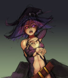Rule 34 | 1girl, arm warmers, bare shoulders, belt, choker, fireball, hat, highres, navel, purple eyes, purple hair, riftgarret, solo, witch, witch hat