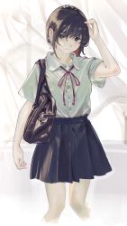 Rule 34 | 1girl, absurdres, bag, black eyes, brown hair, closed mouth, collared shirt, cropped legs, curtains, eyebrows hidden by hair, hand in own hair, highres, iatear, looking at viewer, neck ribbon, original, pleated skirt, ribbon, school bag, school uniform, shirt, shirt tucked in, short hair, short sleeves, shoulder bag, skirt, solo, uniform, white background