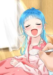 Rule 34 | 1girl, blue hair, blush, closed eyes, cold pack, commentary request, hair between eyes, holding, holding spoon, incoming food, indoors, kantai collection, long hair, looking at viewer, messy hair, night clothes, open mouth, samidare (kancolle), sitting, solo focus, spoon, under covers, yokoshima (euphoria)