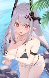 Rule 34 | 1girl, @ @, absurdres, arknights, arm belt, bikini, black bikini, black horns, blush, breasts, cleavage, commentary, covering breasts, covering privates, cowboy shot, earrings, grey hair, highres, horns, jewelry, large breasts, leaning forward, long hair, looking down, mudrock (arknights), necklace, ocean, open mouth, outdoors, pointy ears, red eyes, red nails, shitomu1, solo, standing, swimsuit