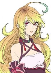 Rule 34 | 1girl, bare shoulders, black choker, blonde hair, choker, criss-cross halter, eyelashes, gradient hair, green hair, halterneck, highres, long hair, looking at viewer, milla maxwell, multicolored hair, p teirin, parted lips, red eyes, solo, tales of (series), tales of xillia, upper body, very long hair, white background