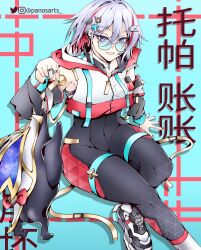 Rule 34 | 1girl, artist name, blue-tinted eyewear, blue eyes, chinese text, coin, earrings, hair ornament, highres, honkai: star rail, honkai (series), jewelry, looking over eyewear, multicolored hair, nail polish, necklace, panos (ssgpanos), red hair, ring, shoes, sunglasses, tinted eyewear, topaz (honkai: star rail)
