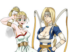 Rule 34 | 1990s (style), 2girls, armband, armpit hair, armpits, blonde hair, blue eyes, breasts, choker, chrono (series), chrono trigger, cleavage, dragon quest, dragon quest vi, female focus, gizumo, green eyes, hands on own hips, headband, jewelry, long hair, marle (chrono trigger), mireyu, multiple girls, necklace, open mouth, ponytail, smell, sweat, wristband