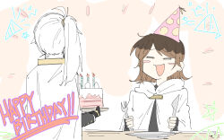 Rule 34 | 1boy, 1girl, :d, birthday cake, black gloves, blush, brown hair, cake, candle, cloak, closed eyes, fire, food, fork, gloves, happy birthday, hat, holding, holding fork, holding knife, kankan33333, knife, library of ruina, medium hair, moirai (project moon), open mouth, party hat, party popper, plate, project moon, side ponytail, smile, white cloak, white hair, yan vismok