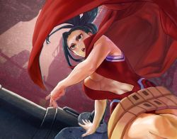 Rule 34 | 1girl, belt, black eyes, black hair, boku no hero academia, breasts, cape, center opening, cleavage, hair pulled back, highres, industrial pipe, large breasts, leotard, long hair, midriff, open mouth, ponytail, red cape, solo, yaoyorozu momo, yomoyama yotabanashi