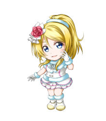 Rule 34 | 10s, 1girl, ayase eli, blonde hair, blue eyes, boots, chibi, flower, fur-trimmed boots, fur-trimmed gloves, fur trim, gloves, hair flower, hair ornament, highres, kuena, long hair, looking at viewer, love live!, love live! school idol project, parted lips, pom pom (clothes), ponytail, simple background, skirt, smile, snow halation, solo, standing, white background, white gloves