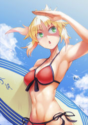 Rule 34 | 1girl, absurdres, armpits, artist name, bikini, blonde hair, blue sky, breasts, cleavage, cloud, day, fate/apocrypha, fate/grand order, fate (series), front-tie top, green eyes, groin, highres, holding, holding behind back, kengzeta, medium breasts, mordred (fate), mordred (fate) (all), mordred (fate/apocrypha), mordred (swimsuit rider) (fate), mordred (swimsuit rider) (first ascension) (fate), navel, outdoors, ponytail, red bikini, shading eyes, side-tie bikini bottom, side-tie bottom, sideboob, sky, solo, string bikini, surfboard, swimsuit