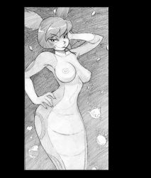 Rule 34 | 1girl, blobfish, breasts, come hither, curvy, eyeshadow, forked tongue, greyscale, hand on own hip, lamia, makeup, monochrome, monster girl, nipples, shantae: half-genie hero, shantae (series), solo, third-party edit, tongue, tongue out, tuki (shantae), twintails