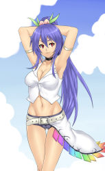 Rule 34 | 1girl, adapted costume, alternate hairstyle, armpits, arms behind head, arms up, blue hair, cameltoe, choker, female focus, food, fruit, highres, hinanawi tenshi, hip focus, houtengeki, long hair, midriff, navel, peach, ponytail, red eyes, short shorts, shorts, solo, thigh gap, thighs, touhou