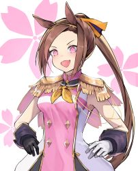 Rule 34 | 1girl, asymmetrical gloves, black gloves, breasts, brown hair, capelet, commentary request, dress, gloves, hands on own hips, highres, long hair, looking at viewer, mismatched gloves, open mouth, pink eyes, sakura bakushin o (umamusume), shinonome tsukasa, smile, solo, standing, symbol-shaped pupils, umamusume, uneven gloves, white dress, white gloves, yellow neckwear