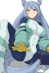 Rule 34 | 1girl, blue bodysuit, blue eyes, blue hair, blush, bodysuit, boku no hero academia, breasts, cameltoe, closed mouth, covered navel, drill hair, frown, green bodysuit, hadou nejire, hair horns, impossible bodysuit, impossible clothes, large breasts, long hair, long sleeves, looking at viewer, multicolored bodysuit, multicolored clothes, open mouth, outstretched arm, shiseki hirame, simple background, skin tight, solo, spread legs, sweatdrop, twin drills, v-shaped eyebrows, very long hair, white background, white bodysuit