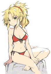 Rule 34 | 1girl, barefoot, bikini, blonde hair, breasts, dated, fate/apocrypha, fate/grand order, fate (series), feet out of frame, front-tie top, green eyes, halterneck, highres, kamiyoshi rika, long hair, looking at viewer, medium breasts, mordred (fate), mordred (fate) (all), mordred (fate/apocrypha), mordred (swimsuit rider) (fate), mordred (swimsuit rider) (first ascension) (fate), red bikini, side-tie bikini bottom, simple background, sitting, solo, string bikini, swimsuit, white background