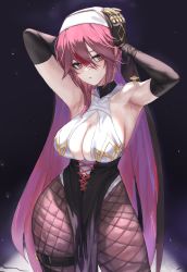 Rule 34 | 1girl, absurdres, armpits, arms behind head, arms up, bare shoulders, belt, black dress, black gloves, blush, breasts, claw ring, cleavage, cleavage cutout, clothing cutout, cross-laced clothes, dolri, dress, earrings, elbow gloves, fishnet pantyhose, fishnets, genshin impact, gloves, habit, hair between eyes, highres, jewelry, large breasts, looking at viewer, multicolored clothes, multicolored hair, multicolored headwear, nun, pantyhose, pelvic curtain, purple eyes, purple hair, purple pantyhose, red hair, revision, rosaria (genshin impact), short hair, solo, streaked hair, thighs, tiara, two-tone dress, white dress