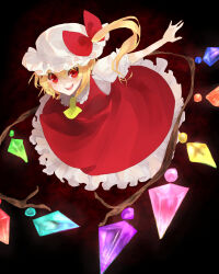 Rule 34 | 1girl, adapted costume, ascot, blonde hair, bow, collared shirt, dark background, dress, flandre scarlet, frilled dress, frilled sleeves, frills, glowing, glowing wings, hair bow, hat, looking at viewer, medium hair, mob cap, multicolored wings, one side up, open mouth, pinafore dress, puffy short sleeves, puffy sleeves, raafuru, red background, red bow, red dress, red eyes, shirt, short sleeves, simple background, sleeveless, sleeveless dress, solo, teeth, touhou, upper teeth only, white hat, white shirt, wings, yellow ascot