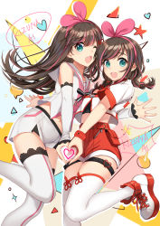 Rule 34 | 2girls, :d, ;d, absurdres, bare shoulders, bison cangshu, blue eyes, brown hair, character name, commentary request, crop top, cropped jacket, detached sleeves, floating hair, hairband, heart, heart hands, heart hands duo, highres, kizuna ai, kizuna ai (chinese), kizuna ai inc., leg up, long hair, looking at viewer, midriff, multicolored hair, multiple girls, navel, one eye closed, open mouth, pink hair, red shorts, sailor collar, shirt, shoes, short shorts, short sleeves, shorts, sidelocks, smile, sneakers, standing, standing on one leg, star (symbol), streaked hair, thigh strap, thighhighs, virtual youtuber, white legwear, white sailor collar, white shirt, white shorts, zipper