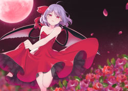 Rule 34 | 1girl, absurdres, ahoge, alternate costume, bare shoulders, bat wings, beni kurage, blurry, blurry background, breasts, clothes lift, collarbone, commentary request, dress, dress lift, feet out of frame, field, flower, flower field, frilled dress, frills, full moon, hair ribbon, highres, leaf, lifting own clothes, light purple hair, looking at viewer, moon, night, no headwear, off-shoulder dress, off shoulder, open mouth, outdoors, parted lips, petals, petticoat, pointy ears, purple flower, purple rose, red dress, red eyes, red flower, red moon, red ribbon, red rose, remilia scarlet, ribbon, rose, short hair, small breasts, solo, standing, standing on one leg, touhou, wings