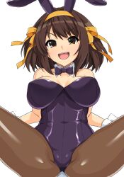 Rule 34 | 1girl, animal ears, ass, bare shoulders, black leotard, breasts, brown eyes, brown hair, cleavage, collarbone, covered navel, fake animal ears, hair ribbon, hairband, haruhisky, highres, large breasts, leotard, looking at viewer, neckerchief, no bra, official alternate costume, open mouth, pantyhose, playboy bunny, rabbit ears, ribbon, simple background, spread legs, strapless, strapless leotard, suzumiya haruhi, suzumiya haruhi no yuuutsu, teeth, thighs, tongue, upper teeth only, white background, wrist cuffs, yellow ribbon