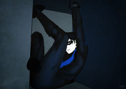 Rule 34 | 1boy, artist request, batman (series), black hair, bodysuit, boots, contortion, dc comics, dick grayson, domino mask, flexible, gloves, handcuffed, male focus, mask, nightwing, solo, spot color