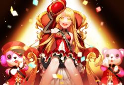 Rule 34 | 1girl, :d, absurdres, bang dream!, bare shoulders, black gloves, blonde hair, blush, breasts, commentary request, confetti, crown, dress, elbow gloves, feet out of frame, frilled dress, frills, gloves, highres, long hair, looking at viewer, mascot, mascot costume, medium breasts, michelle (bang dream!), neri 0420, open mouth, party popper, petticoat, round teeth, sash, sitting, sleeveless, sleeveless dress, smile, solo focus, spotlight, teeth, throne, tsurumaki kokoro, turtleneck, turtleneck dress, twitter username, underskirt, very long hair, yellow eyes