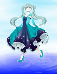 Rule 34 | 1girl, absurdly long hair, absurdres, aqua eyes, aqua hair, artist name, artist request, bare shoulders, blue dress, blue eyes, blue footwear, blue gloves, blue hair, blue sky, breasts, cleavage, clou, collarbone, dress, elbow gloves, female focus, flower print, frilled dress, frills, gloves, hanzou1586, hatsune miku, high heels, highres, holding clothes, holding skirt, long hair, outdoors, parted lips, skirt, sky, small breasts, smile, solo, twintails, very long hair, vocaloid