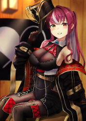 Rule 34 | 1girl, absurdres, black footwear, black gloves, black headwear, black jacket, black leotard, black pantyhose, boots, breasts, cleavage, covered navel, earrings, gloves, gold earrings, hat, heart, heart earrings, heterochromia, highres, hololive, houshou marine, houshou marine (marching band), jacket, jewelry, large breasts, leotard, leotard under clothes, long hair, looking at viewer, multicolored clothes, multicolored hair, multicolored jacket, navel, off-shoulder jacket, off shoulder, pantyhose, red eyes, red hair, red jacket, see-through, see-through cleavage, shako cap, siketasenbei, single earring, streaked hair, thigh boots, two-tone jacket, virtual youtuber, white hair, yellow eyes