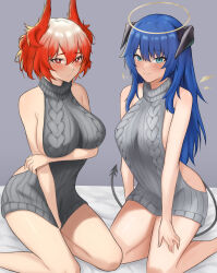 Rule 34 | 2girls, arknights, bare arms, bare shoulders, blue eyes, blue hair, breasts, commentary, fangs (fangs art), fiammetta (arknights), grey sweater, halo, highres, horns, large breasts, long hair, looking at viewer, meme attire, mostima (arknights), multiple girls, pointy hair, red eyes, red hair, short hair, sitting, sleeveless, sleeveless turtleneck, sweater, tail, thighs, turtleneck, very long hair, virgin killer sweater