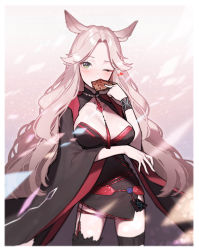 Rule 34 | 1girl, abstract background, absurdres, animal ears, arknights, arms under breasts, beudelb, black dress, blush, breasts, card, cleavage, closed mouth, covering own mouth, cowboy shot, deer ears, dress, gitano (arknights), green eyes, hair between eyes, heart, highres, holding, holding card, infection monitor (arknights), large breasts, long hair, looking at viewer, medium breasts, one eye closed, silver hair, solo, standing, wide sleeves, wristband