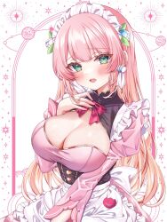 Rule 34 | 1girl, adapted costume, apron, blush, bow, bowtie, breasts, cleavage, cleavage cutout, clothing cutout, commission, earrings, frills, fujimori arata, green eyes, hanaguni anne, hand on own chest, highres, jewelry, juliet sleeves, large breasts, long hair, long sleeves, looking at viewer, mahoroba, maid, maid apron, maid headdress, open mouth, pink bow, pink bowtie, pink hair, puffy sleeves, skeb commission, teeth, upper teeth only, virtual youtuber