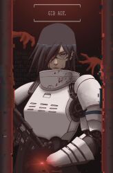 Rule 34 | 1girl, android, armor, black hair, blood, blood on face, disembodied limb, elster (signalis), german text, gun, h&amp;k smg ii, highres, horror (theme), joints, laser sight, nnnmengmeng, pillarboxed, prototype design, robot joints, science fiction, signalis, solo, submachine gun, type-84 drache, upper body, weapon, white armor