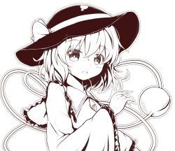 Rule 34 | 1girl, :o, black hat, blouse, bow, bright pupils, buttons, diamond button, expressionless, eyeball, frilled shirt collar, frilled sleeves, frills, from side, greyscale, hat, hat bow, hat ribbon, heart, heart of string, high contrast, komeiji koishi, kurenaiattack, long sleeves, looking at viewer, medium hair, monochrome, open mouth, parted lips, protected link, ribbon, shirt, simple background, solo, third eye, touhou, upper body, wavy hair, white background, wide sleeves