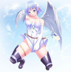 Rule 34 | 00s, 1girl, angel, angel of light nanael, angel wings, asymmetrical wings, bad id, bad pixiv id, bare shoulders, blue hair, blush, breasts, elbow gloves, gloves, green eyes, miniskirt, nanael (queen&#039;s blade), nanael (queen's blade), queen&#039;s blade, shokuyou mogura, short hair, skirt, solo, thighhighs, wings