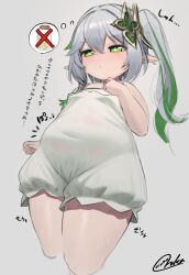 Rule 34 | + +, 1girl, blush, breasts, closed mouth, commentary request, cowboy shot, cropped legs, dress, genshin impact, green eyes, green hair, grey background, grey hair, hair between eyes, hair ornament, highres, long hair, multicolored hair, nahida (genshin impact), no nose, notice lines, oruka (kamituki0827), plump, pointy ears, side ponytail, signature, simple background, sleeveless, small breasts, solo, sweat, thick thighs, thighs, thought bubble, translation request, two-tone hair, white dress