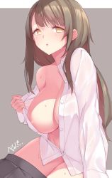 Rule 34 | 1girl, areola slip, bare shoulders, blunt bangs, blush, breasts, brown hair, clothes pull, highres, hsuliherng, large breasts, long hair, off shoulder, open clothes, open mouth, open shirt, original, shirt, simple background, skirt, skirt pull, solo, unbuttoned, white shirt, yellow eyes