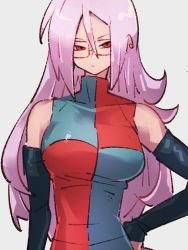 Rule 34 | 1girl, android 21, breasts, checkered clothes, checkered dress, closed mouth, dragon ball, dragon ball fighterz, dress, glasses, grey background, hair between eyes, hand on own hip, kemachiku, long hair, looking at viewer, majin android 21, medium breasts, pink hair, red eyes, simple background, solo