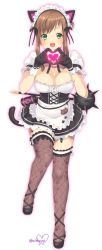 Rule 34 | 1girl, animal ears, blush, breasts, brown hair, cat ears, cat tail, cleavage, gloves, green eyes, highres, large breasts, long hair, looking at viewer, maid, murata tefu, open mouth, simple background, skirt, smile, solo, sophia esteed, star ocean, star ocean anamnesis, star ocean till the end of time, tail, thighhighs, weapon, white background