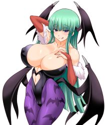 Rule 34 | 1girl, :q, animal print, bare shoulders, bat print, bat wings, blue eyes, blush, breasts, bridal gauntlets, cleavage, cleft of venus, clothing cutout, covered erect nipples, demon girl, elbow gloves, gloves, green hair, head wings, heart, heart cutout, highres, huge breasts, konno tohiro, leotard, licking lips, long hair, looking at viewer, midriff, morrigan aensland, nail polish, navel, pantyhose, print pantyhose, simple background, smile, solo, tongue, tongue out, vampire (game), white background, wings