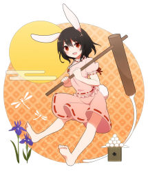 Rule 34 | 1girl, 60mai, :d, animal ears, bad id, bad pixiv id, barefoot, black hair, bug, carrot, carrot necklace, dragonfly, egasumi, feet, female focus, flower, food, full body, full moon, hammer, inaba tewi, insect, mallet, mochi, moon, necklace, open mouth, puffy sleeves, rabbit ears, rabbit girl, rabbit tail, red eyes, ribbon-trimmed clothes, ribbon trim, short hair, short sleeves, smile, solo, tail, touhou, wagashi