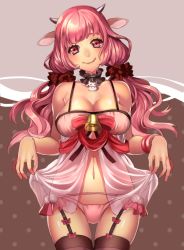 Rule 34 | :p, animal ears, babydoll, bell, breasts, choker, cleavage, cow ears, cow girl, cow horns, cowbell, garter straps, horns, large breasts, original, pink eyes, pink hair, ribbon, see-through, solo, sorao (ichhimo), thighhighs, tongue, tongue out, twintails