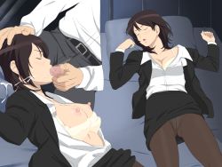 Rule 34 | 1boy, 1girl, amagami, bed, belt, black hair, bra, breasts, business suit, censored, cottage, cum, closed eyes, facial, fellatio, formal, hand on head, head out of frame, hetero, highres, lying, open clothes, open mouth, open shirt, oral, panties, pantyhose, penis, rape, shirt, short hair, skirt, sleep molestation, sleeping, suit, takahashi maya, teacher, teacher and student, unbuttoned, unconscious, underwear, upskirt