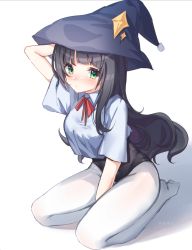 Rule 34 | 1girl, absurdres, arm up, artist name, between legs, black hair, blunt bangs, blush, collared shirt, commentary request, covered navel, feet, female focus, green eyes, guzangnanfeng, hand between legs, hat, highres, kirt, kneeling, long hair, looking at viewer, neck ribbon, no shoes, original, pantyhose, pantyhose under swimsuit, red ribbon, ribbon, school swimsuit, school uniform, shirt, solo, swimsuit, swimsuit under clothes, thighs, white background, white pantyhose, white shirt, witch hat