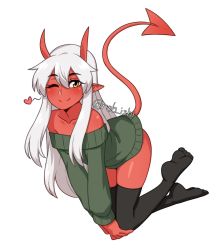 Rule 34 | 1girl, ;), artist name, bare shoulders, black thighhighs, blush, closed mouth, collarbone, colored skin, commentary, demon girl, demon horns, demon tail, full body, green sweater, grey hair, hair between eyes, hands on own knees, heart, highres, horns, li (rob ishi), long hair, long sleeves, looking at viewer, no shoes, off-shoulder sweater, off shoulder, one eye closed, original, pointy ears, red skin, rob ishi, simple background, skin-covered horns, skindentation, smile, solo, sweater, tail, thighhighs