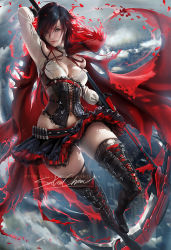 Rule 34 | 1girl, artist name, aura, bandolier, belt, black footwear, black hair, black pantyhose, blouse, blurry, blurry background, blush, boots, breasts, bullet, bustier, cape, cartridge, cityscape, cleavage, cloak, closed mouth, cloud, corset, crescent rose, cross, cross-laced footwear, day, dress, floating, flower, full body, gradient hair, grey eyes, gun, holding, holding scythe, hood, hood down, hooded cloak, lace-up boots, layered skirt, long sleeves, looking at viewer, medium breasts, multicolored hair, nail polish, navel, outdoors, pantyhose, parted lips, petals, red cape, red hair, red lips, rose, rose petals, ruby rose, rwby, sakimichan, scythe, shirt, short hair, sidelocks, signature, skindentation, skirt, smile, solo, thigh boots, thighhighs, torn cloak, torn clothes, torn skirt, two-tone hair, weapon, white shirt
