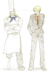 Rule 34 | 2boys, amputee, apron, blonde hair, braid, chef, chef hat, crossed arms, east blue, facial hair, formal, full body, goatee, hair over one eye, hat, male focus, mono (caoton), multiple boys, mustache, necktie, one piece, peg leg, red-leg zeff, sanji (one piece), sketch, smoking, spot color, standing, suit