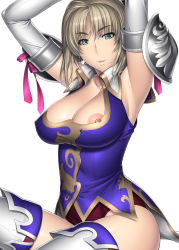 Rule 34 | 1girl, absurdres, armpits, arms up, blonde hair, breasts, cassandra alexandra, cleavage, covered erect nipples, elbow gloves, gloves, green eyes, highres, kansuke, large breasts, looking at viewer, nipple slip, nipples, no bra, panties, simple background, sitting, smile, solo, soul calibur, soulcalibur, soulcalibur iv, sweat, thighhighs, underwear, white background