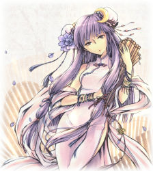 Rule 34 | 1girl, alternate costume, bracelet, bun cover, china dress, chinese clothes, crescent, crescent hair ornament, dress, artistic error, female focus, flower, hair ornament, hat, highres, jewelry, kieta, long hair, patchouli knowledge, purple eyes, purple hair, ribbon, scroll, side slit, solo, touhou, very long hair